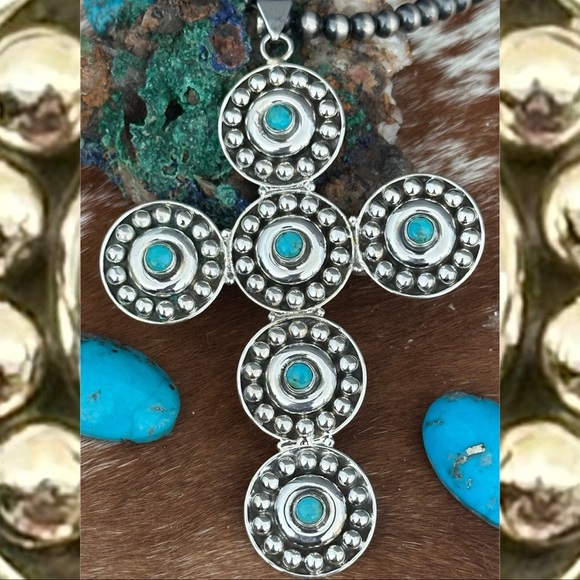 Turquoise mega cross sterling silver 4 inch southwestern pendant - Picture 1 of 11